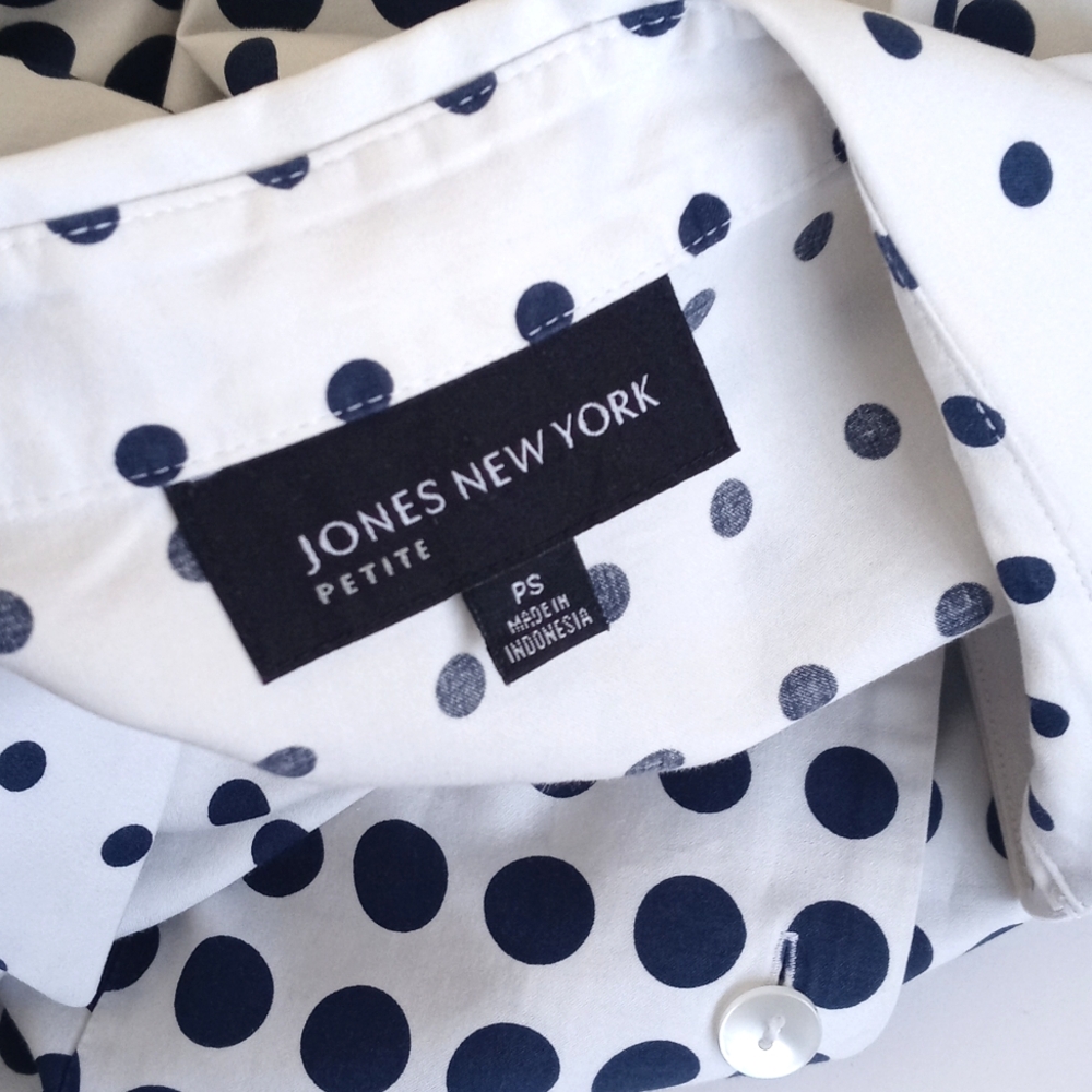 Jones New York White w Navy Blue Polka Dot Mid-Century Modern 3/4 Sleeve Top P/S - Picture 2 of 12